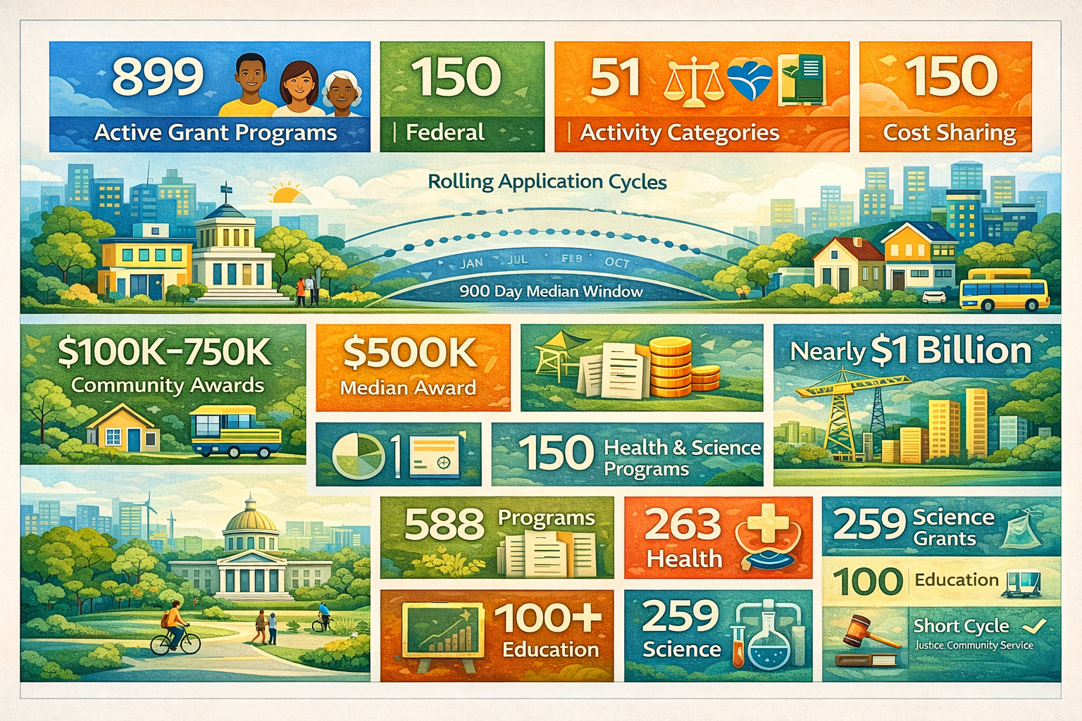 Feb 11, 2026: 150 Agencies Manage 899 Opportunities Across 51 Categories with Award Ceilings Ranging from Zero to $1 Billion, Application Windows Spanning 14 Days to Multiple Years, and Funding Patterns from Transportation's Variable Ranges to Justice's Consistent Amounts