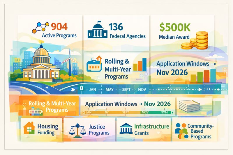 Jan 10, 2026: 904 Active Programs Across 136 Federal Agencies, featuring Housing, Justice, Infrastructure, and Community Funding with Application Windows Extending Through November 2026