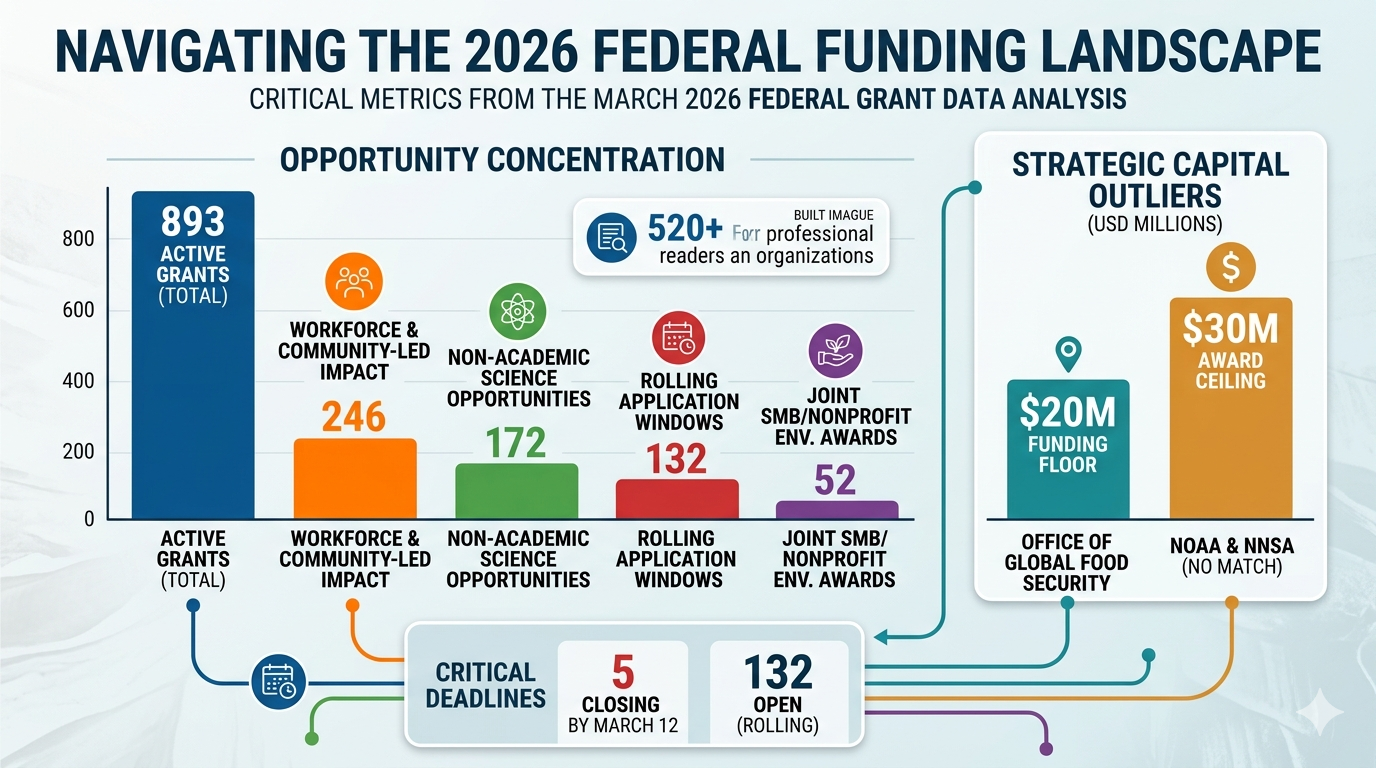 Mar 11, 2026: Beyond the March 12 Deadline: A Tactical Map of 893 Federal Grants and 172 Science Listings, Highlighting Immediate Priorities at DARPA and Labor, the Workforce Transition Across 246 Community and Training Programs, and Strategic Capital Access Through the $20 Million Food Security Floor and 52 Cross-Eligible Environmental Grants