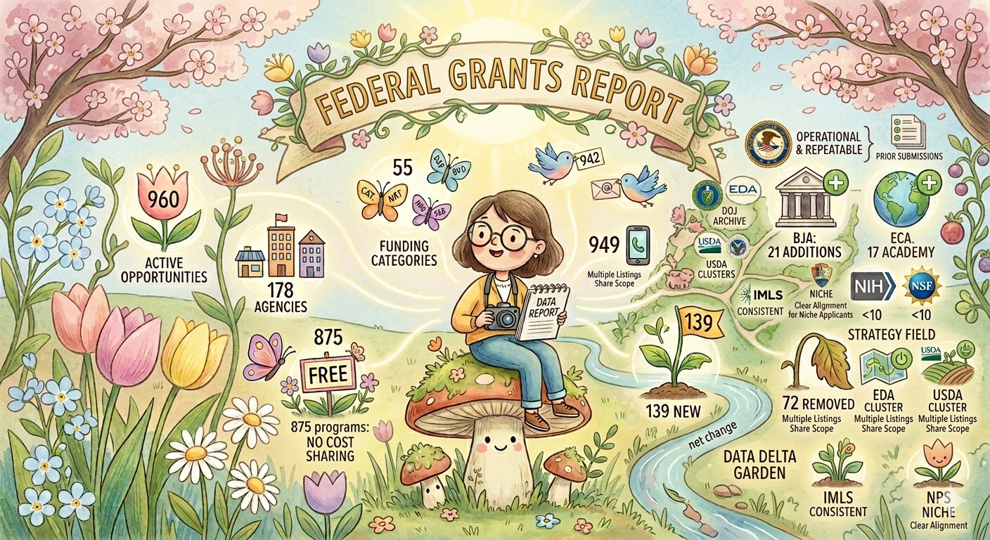 Mar 28, 2026: Federal Grants Report Records 960 Opportunities Across 178 Agencies with 139 New Programs, 72 Removed. Growth is Led by Bureau of Justice Assistance, OJJDP, and Educational and Cultural Affairs Driving Justice, Youth, and International Funding While NIH and NSF Remain Largely Same, Signaling a Shift Toward Operational Agencies and an 8% Weekly System Turnover