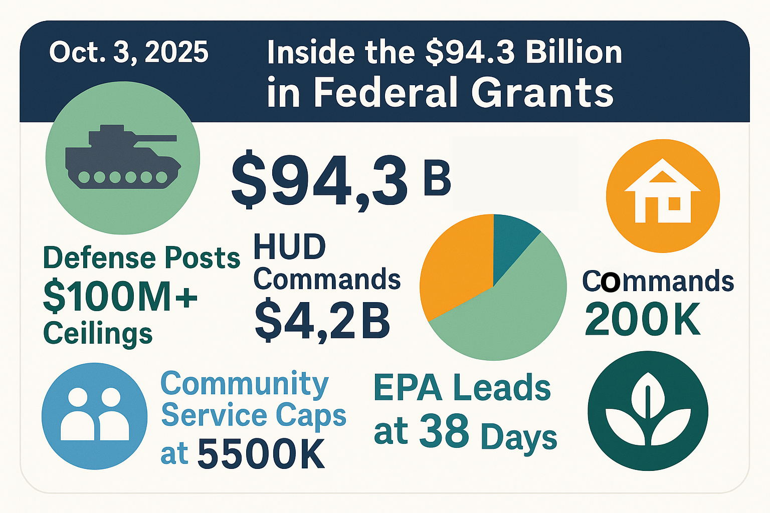 Oct 3, 2025: Inside the $94.3 Billion in Federal Grants: Defense Posts $100M+ Ceilings, HUD Commands $4.2B, Community Service Caps at $500K, EPA Leads at 38 Days, DOL Demands 20% Cost-Sharing